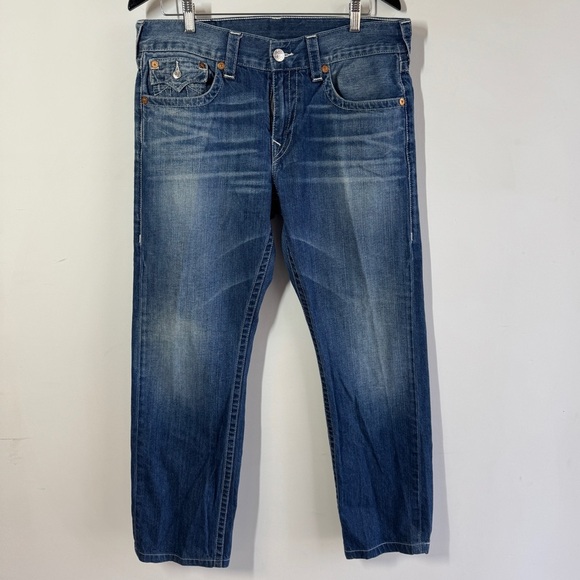 True Religion  Blue Straight Leg Distressed Denim Classic Stitch Jeans Size 34 - Picture 2 of 16